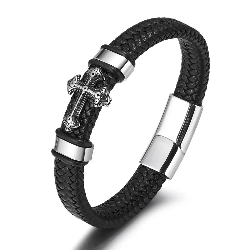 Hand Braided Leather Men's Bracelet with Cross