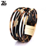 Leopard Leather Bracelets For Women Boho Multilayer Wrap Wide Bangle