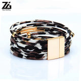 Leopard Leather Bracelets For Women Boho Multilayer Wrap Wide Bangle