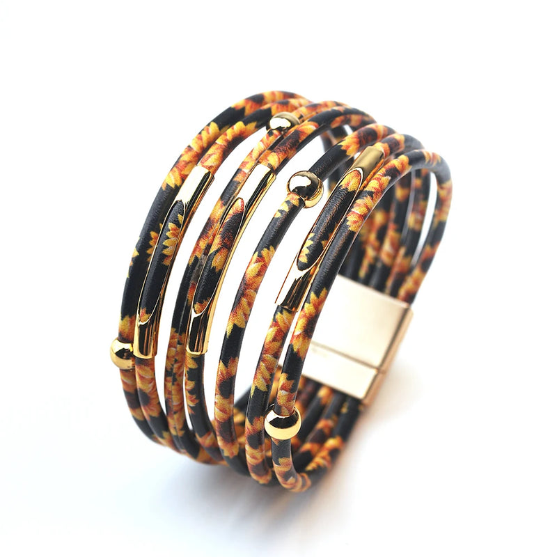 Leopard Leather Bracelets For Women Boho Multilayer Wrap Wide Bangle