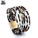 Leopard Leather Bracelets For Women Boho Multilayer Wrap Wide Bangle