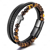 Men's Tiger Eye Agate Cross Bracelet Titanium Steel Leather Bangle