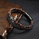 Men's Tiger Eye Agate Cross Bracelet Titanium Steel Leather Bangle