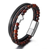 Men's Tiger Eye Agate Cross Bracelet Titanium Steel Leather Bangle