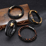 Men's Tiger Eye Agate Cross Bracelet Titanium Steel Leather Bangle
