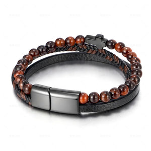 Men's Tiger Eye Agate Cross Bracelet Titanium Steel Leather Bangle