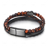 Men's Tiger Eye Agate Cross Bracelet Titanium Steel Leather Bangle