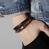 Men's Tiger Eye Agate Cross Bracelet Titanium Steel Leather Bangle