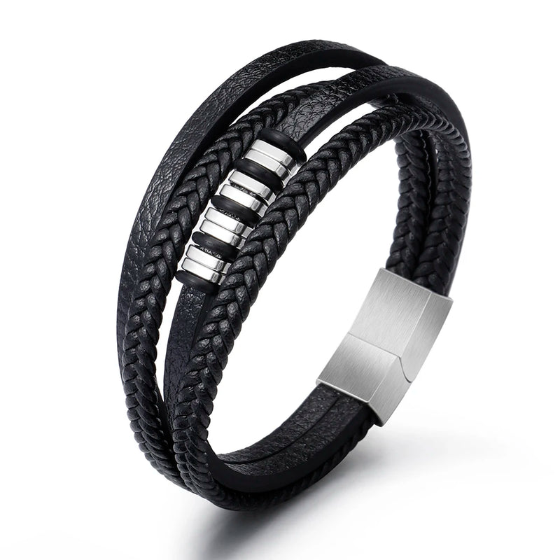 Men's Vintage Charms Leather Bracelet Titanium Steel Bangle