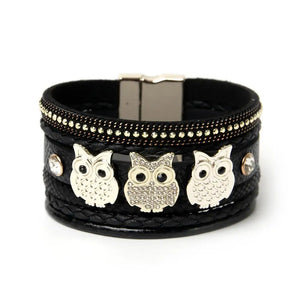 Bohemian Owl Glass Tassel Leather Bracelet for Women