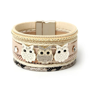 Bohemian Owl Glass Tassel Leather Bracelet for Women