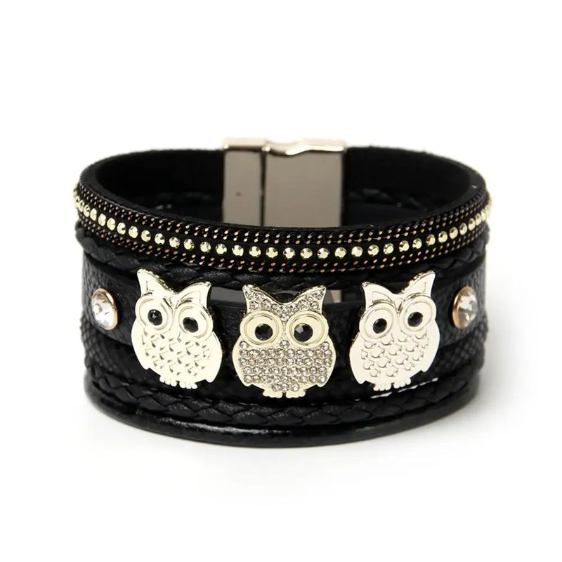 Bohemian Owl Glass Tassel Leather Bracelet for Women