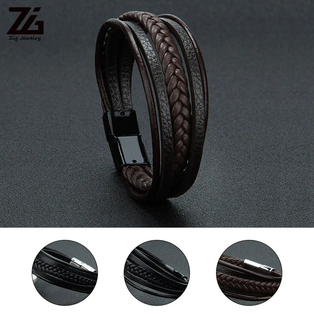 Men's Punk Braid Leather Bracelet Clasp Wristband