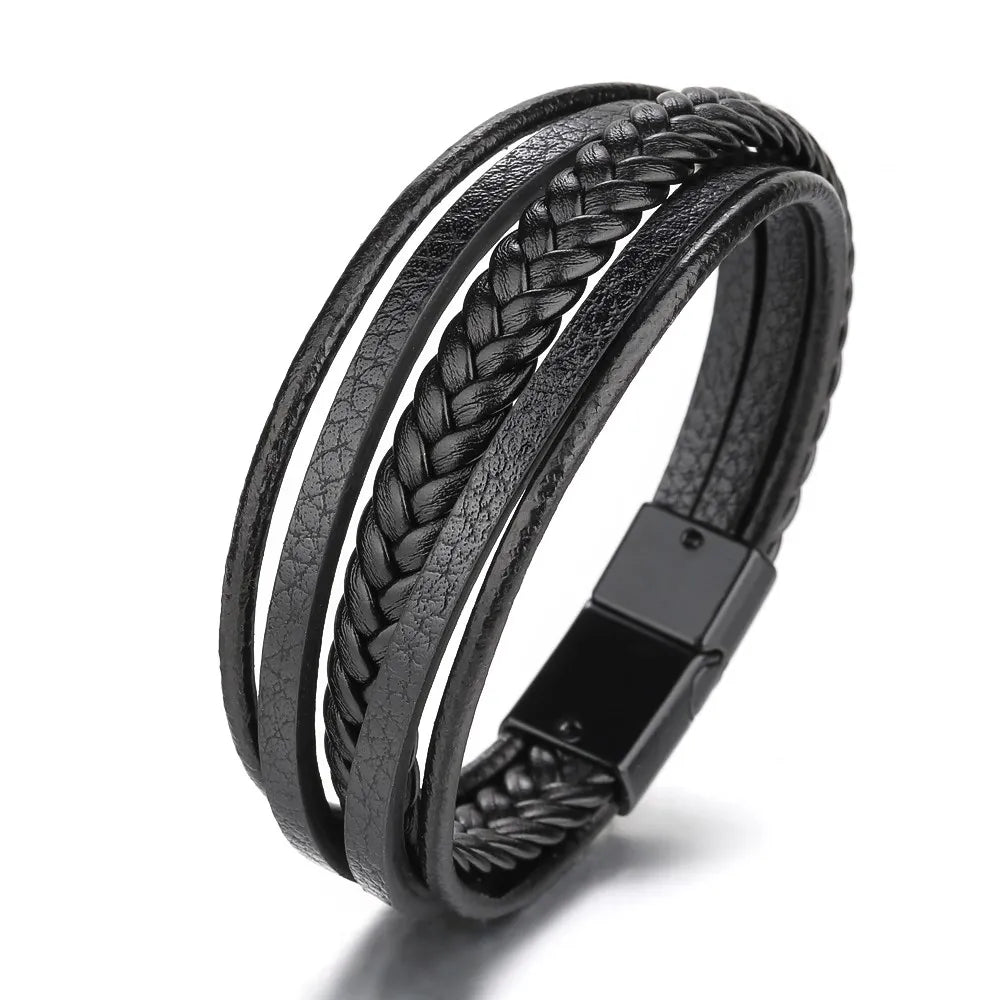 Men's Punk Braid Leather Bracelet Clasp Wristband