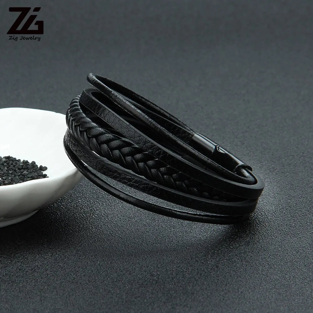 Men's Punk Braid Leather Bracelet Clasp Wristband