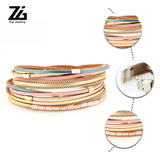 ZG Women Leather Bracelet Bohemian Round Charm Multilayer Bangle