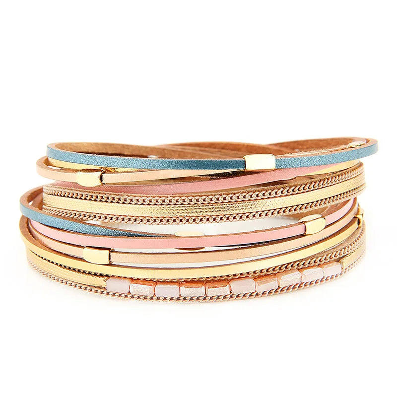 ZG Women Leather Bracelet Bohemian Round Charm Multilayer Bangle