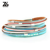 ZG Women Leather Bracelet Bohemian Round Charm Multilayer Bangle