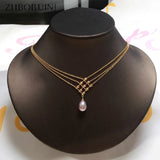 ZHBORUIN Freshwater Pearl Necklace Multilayer Chain Pendant