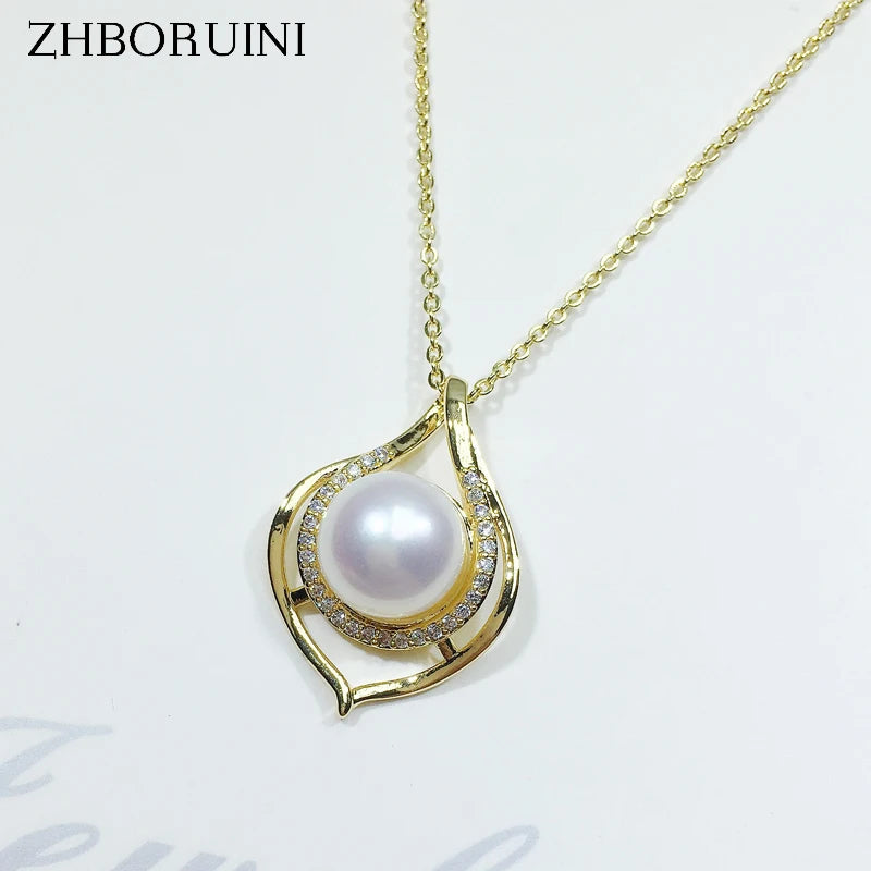 ZHBORUIN Freshwater Pearl Pendant Necklace Vintage Charm Chain Woman Girl Gift