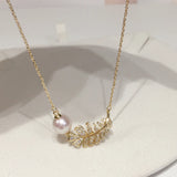 Natural Freshwater Pearl Necklace Feather Pendant Chain