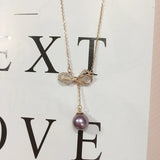 Natural Freshwater Pearl Necklace Purple Pearl Bow Pendant For Woman