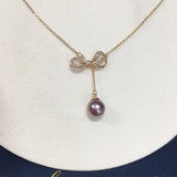 Natural Freshwater Pearl Necklace Purple Pearl Bow Pendant For Woman