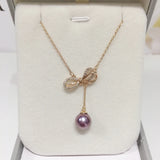 Natural Freshwater Pearl Necklace Purple Pearl Bow Pendant For Woman