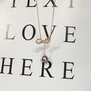 Natural Freshwater Pearl Necklace Purple Pearl Bow Pendant For Woman
