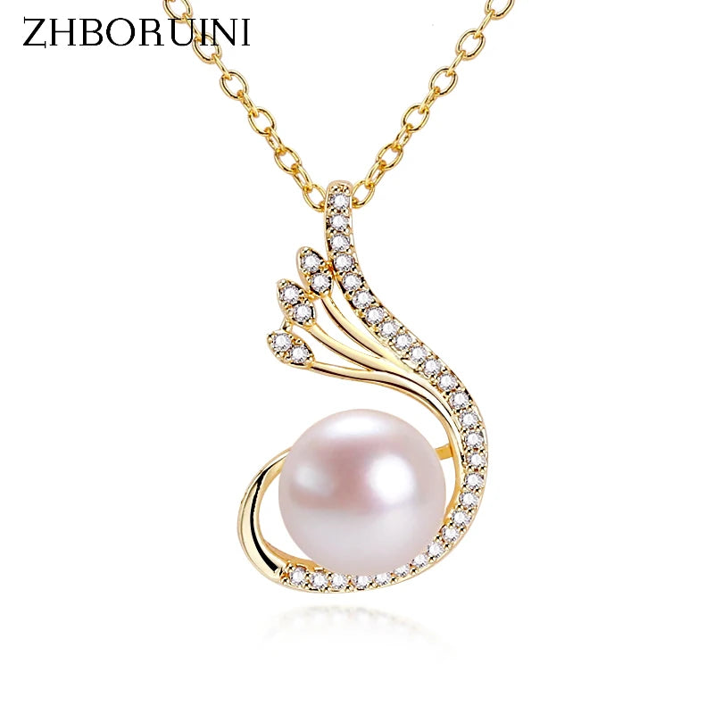 ZHBORUIN Feather Pearl Pendant Necklace 14K Plated Chain