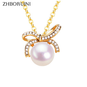 ZHBORUIN Sweet Bow Pearl Pendant Necklace 18K Plating Jewelry