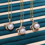 ZHBORUIN Sweet Bow Pearl Pendant Necklace 18K Plating Jewelry