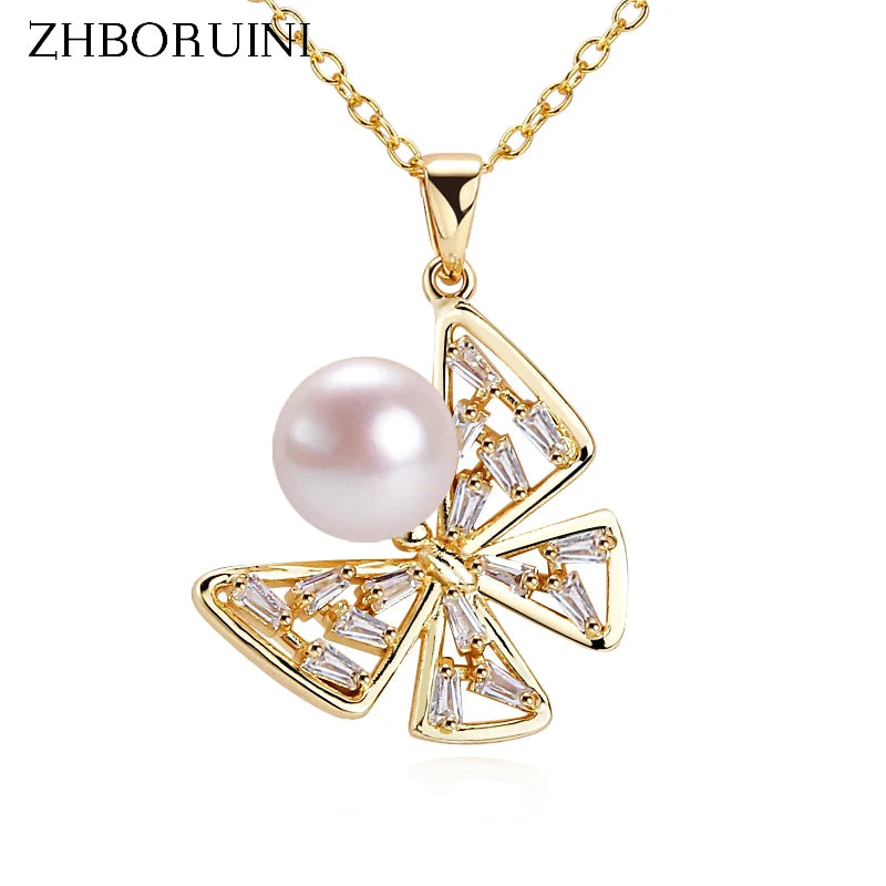ZHBORUIN Freshwater Pearl Necklace 14K Plated Butterfly Chain