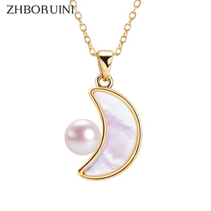 ZHBORUIN Shell Moon Pearl Pendant Necklace 18K Plating