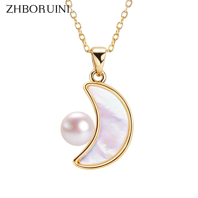 ZHBORUIN Shell Moon Pearl Pendant Necklace 18K Plating