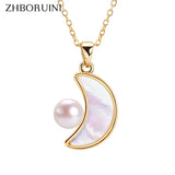 ZHBORUIN Shell Moon Pearl Pendant Necklace 18K Plating