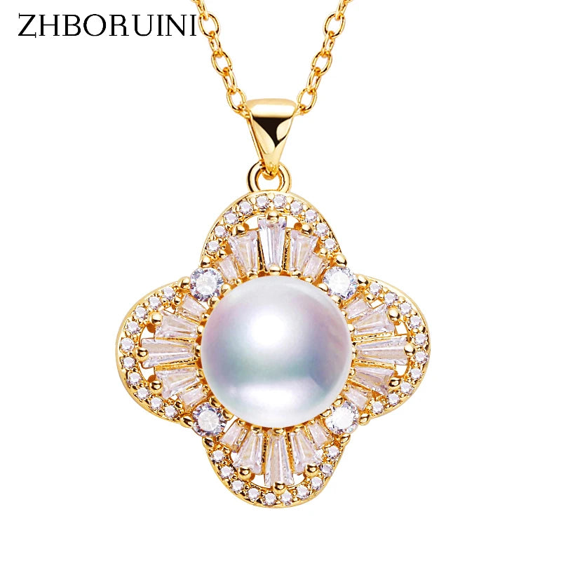 ZHBORUIN Clover Pearl Pendant Necklace 18K Plating