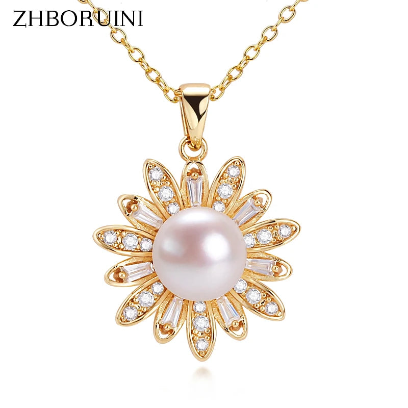 ZHBORUIN Freshwater Pearl Necklace 14K Plated Zircon Flower Chain