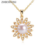 ZHBORUIN Freshwater Pearl Necklace 14K Plated Zircon Flower Chain