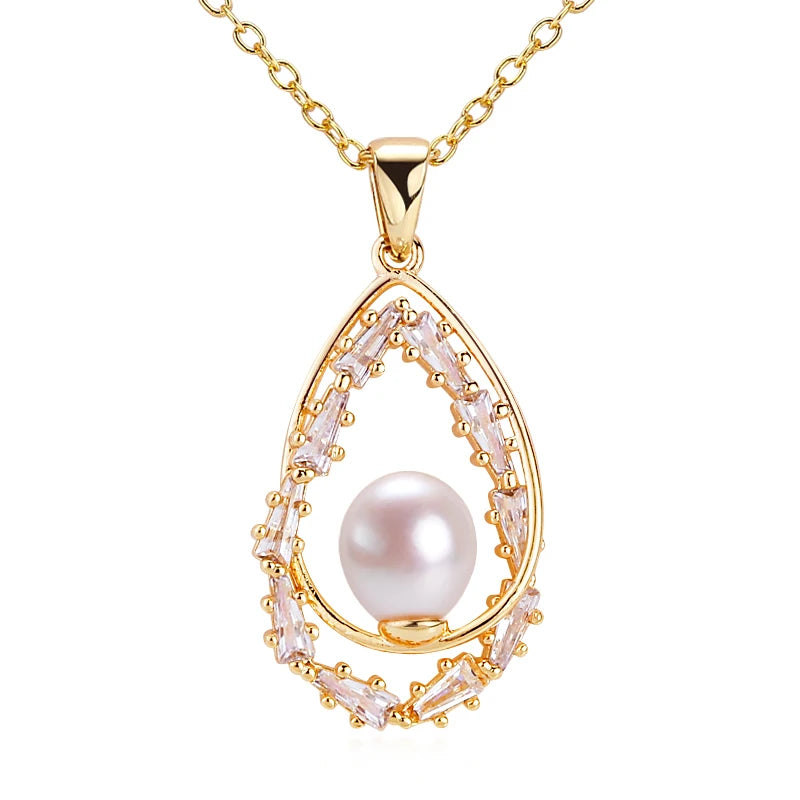 ZHBORUIN Water Drop Pearl Necklace Real Freshwater Pearl 14K Plated Pendant Wome