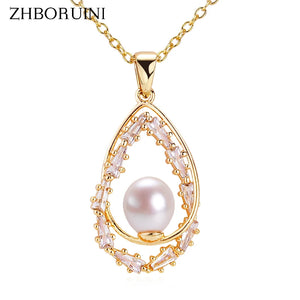 ZHBORUIN Water Drop Pearl Necklace Real Freshwater Pearl 14K Plated Pendant Wome