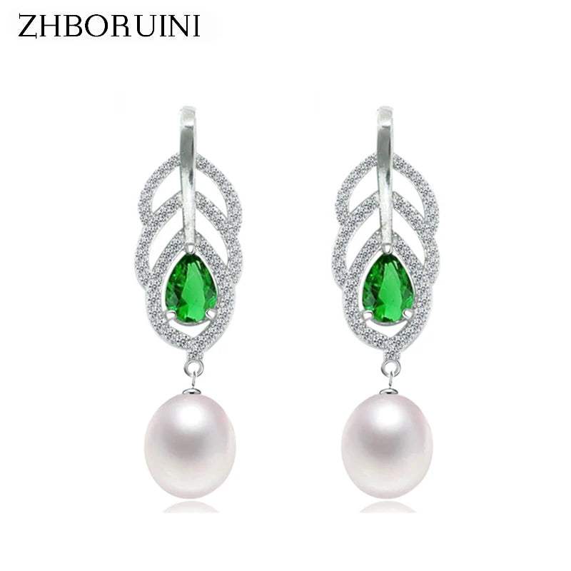 Feather Water Drop Pearl Earrings 925 Silver Jewelry