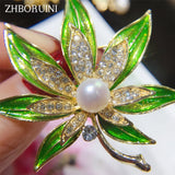 Natural Freshwater Pearl Brooch Enamel Leaves Pearl Jewelry