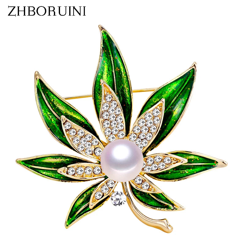 Natural Freshwater Pearl Brooch Enamel Leaves Pearl Jewelry