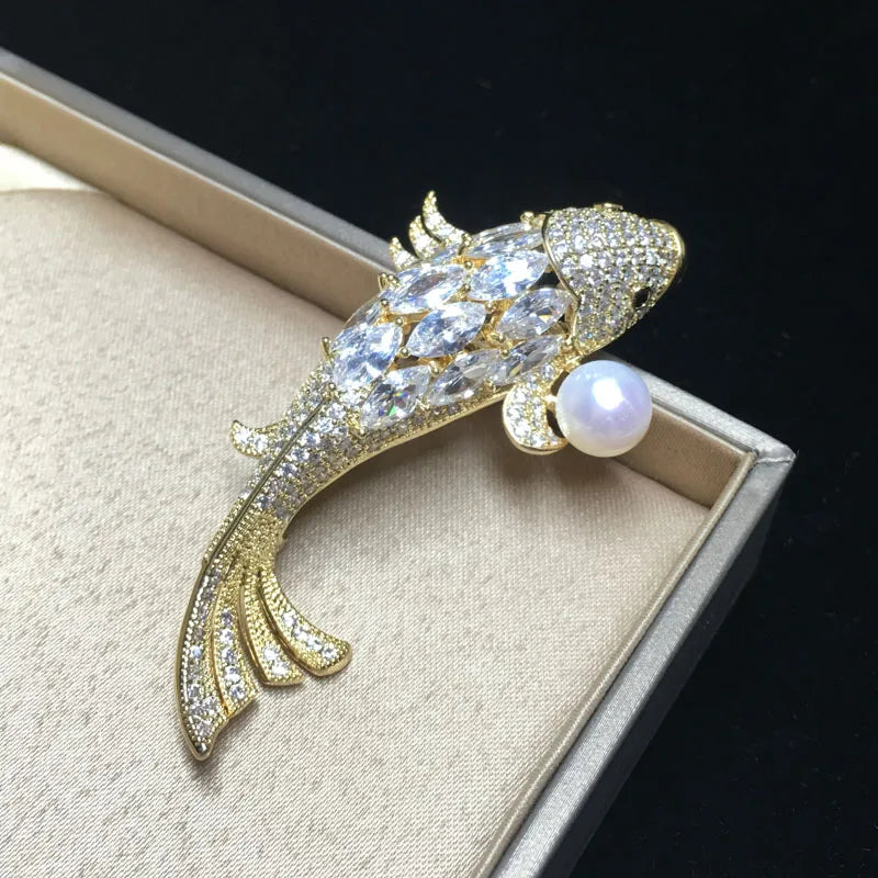 Freshwater Pearl Zircon Lucky Carp Brooch Pearl Jewelry For Women Gift