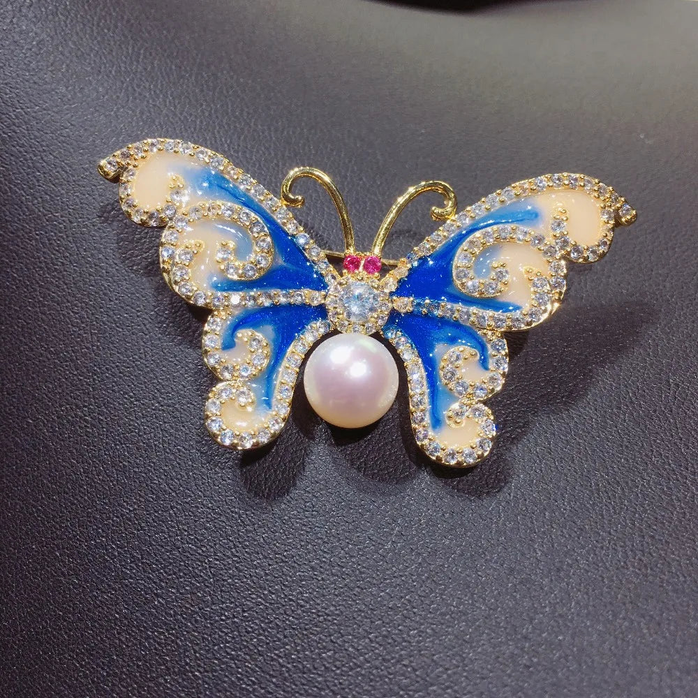 Vintage Enamel Butterfly Brooch Pearl Jewelry For Women