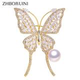 Freshwater Pearl Butterfly Brooch Rhinestone Pins Jewelry for Women
