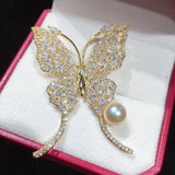 Freshwater Pearl Butterfly Brooch Rhinestone Pins Jewelry for Women