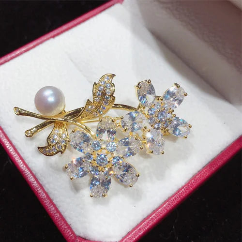 Natural Freshwater Pearl Brooch Zircon Flower Pins Jewelry