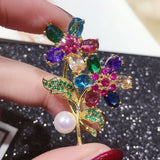 Natural Freshwater Pearl Brooch Zircon Flower Pins Jewelry